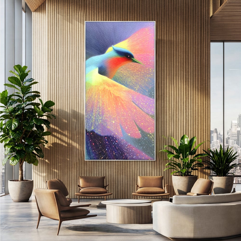 Tablou canvas cu tablou canvas cu pasare colorata in zbor, in rama de aluminiu argintiu, pe perete intr-un birou